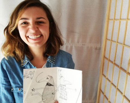 Photo of the artist Ana Paola Castro Villegas in her studio in Vienna, taken by Luisa Paumann from Zeichenfabrik, who visited her for an interview.