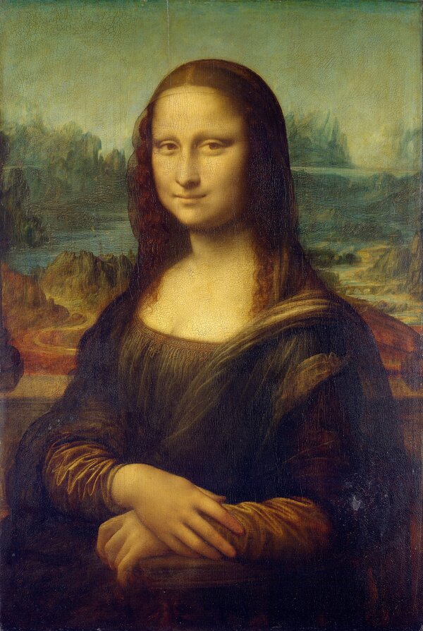 Detailansicht der Mona Lisa von Leonardo da Vinci, die weiche Sfumato-Übergänge an Augen und Mundwinkeln zeigt
