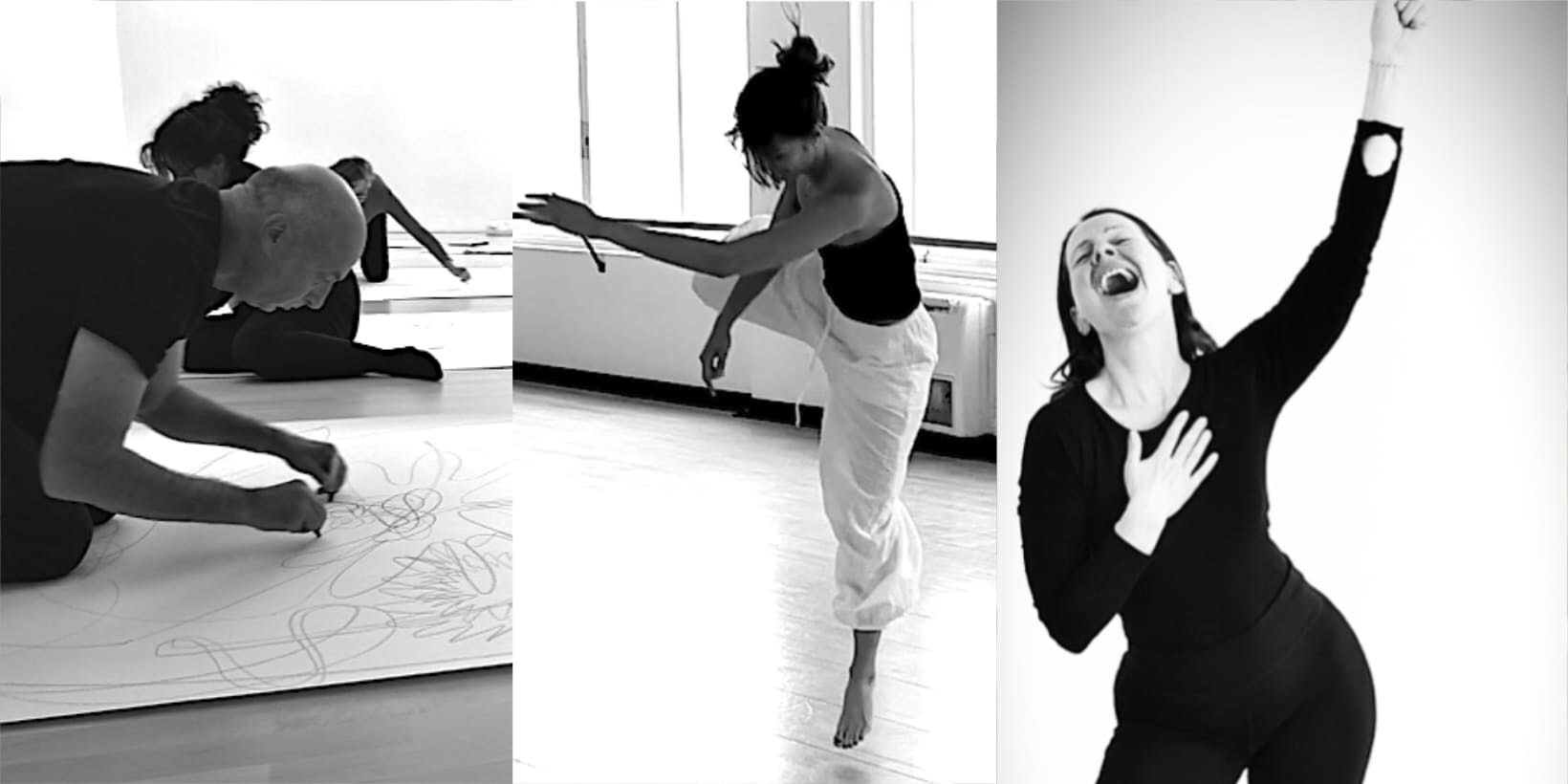 Schwarz-Weiß-Triptychon, das den Workshop-Prozess illustriert: Links ein Teilnehmer beim großformatigen, expressiven Zeichnen am Boden; in der Mitte eine Teilnehmerin in einer dynamischen Tanz- oder Bewegungspose; rechts eine Frau mit einer emotionalen, expressiven Geste, eine Hand auf dem Herzen, der andere Arm erhoben.