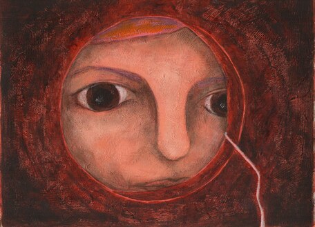 A painting by the artist Ana Paola Castro Villegas titled "Como pez en el agua, Mira" from 2013, painted with acrylics.